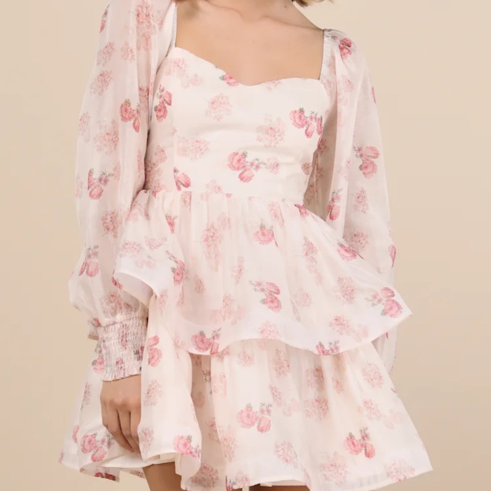 Lulu's Pink Floral Long Sleeve Dress